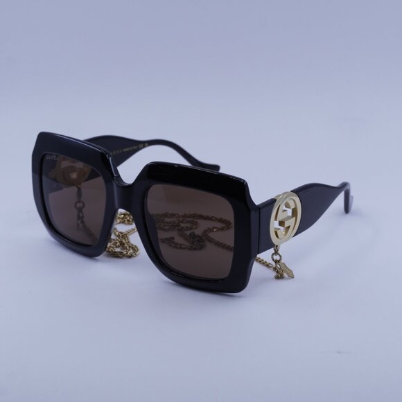 Gucci GG1022S 005 Sunglasses Black Square Frame, Brown with Gold Chain Lenses - Picture 4 of 11